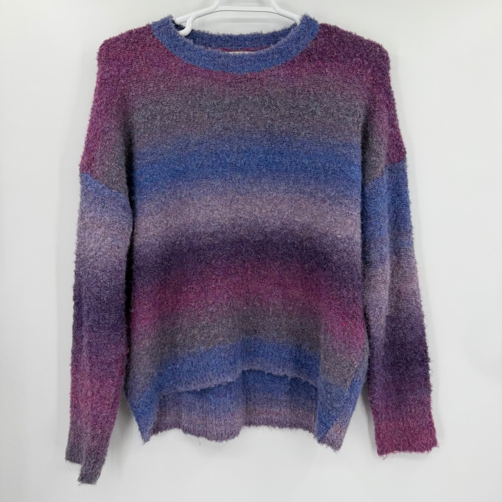Elan Purple Blue Ombre Knit Sweater Crew Neck Fuzzy Wool Blend Pullover Large